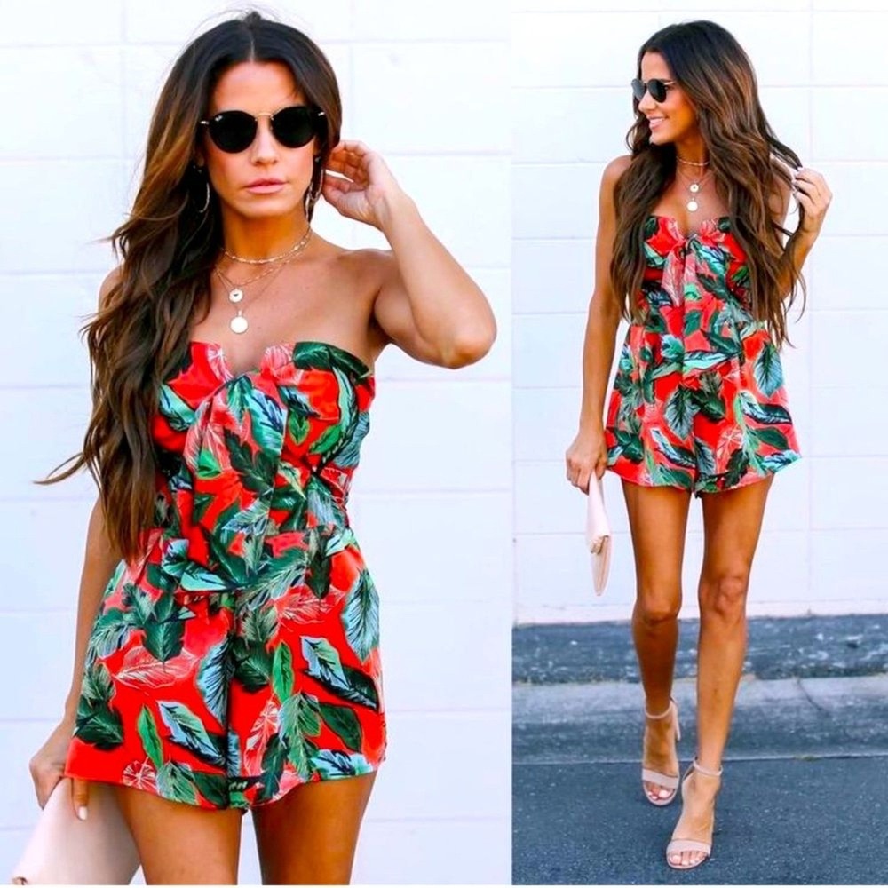 Blue Blush Tropical Leaf Print Strapless Knot Front Romper Jumpsuit M